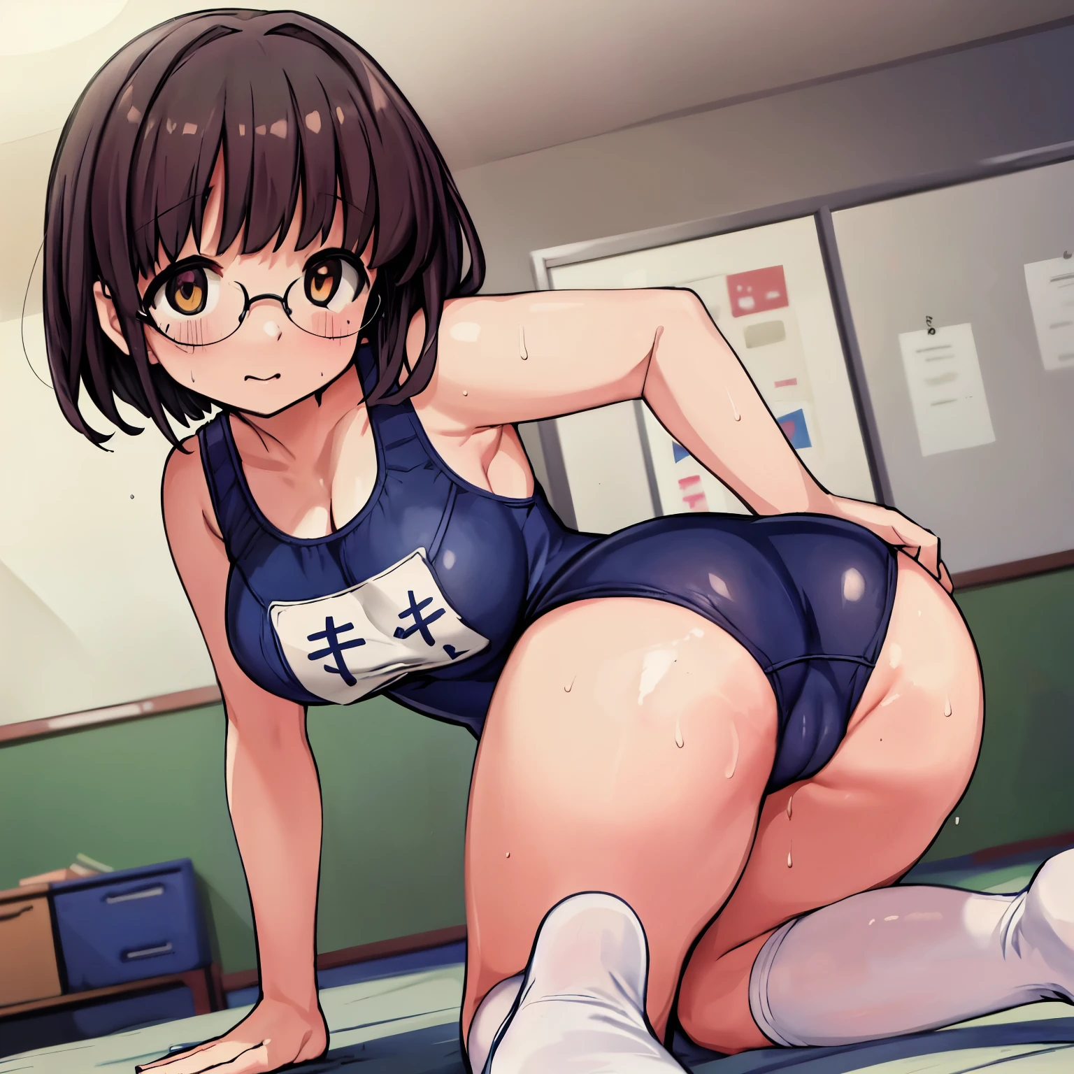 nsfw,highest quality,(8K Portrait),(Official Art)、obesity、((short hair))、blush,((dark hair)),(Sweat),White knee socks、One Woman,((:is))、hot、Office Room、Glasses、Thick thighs, Such an ass, Liar, Open crotch, Dettol, Down the Out、(Dynamic pose)、isらしない身体、Dynamic Angles、Turning around、(On all fours:1.2)、On knees、Angle from behind、Cowboy Shot、bottom less、Big Ass、(Navy blue school swimsuit:1.2)、One Woman性