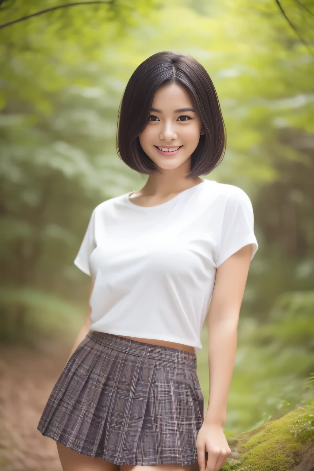 (Realistic:1.5,Dynamic pose:1.3、Healthy Body、Fine skin),21 years old,See-through,Sexy pose,Perfect Anatomy,Beautiful limbs,Plump body,Cute face,Beautiful Face,double eyelid,smile,Naughty look,short hair,Black Hair,Iris,from the front,forest,Mysterious,high quality,Realistic,masterpiece,Very detailed,Japan,Beautiful woman,gravure,fashionable,Fashion Model,Fantasy、underwear、shirt、skirt、