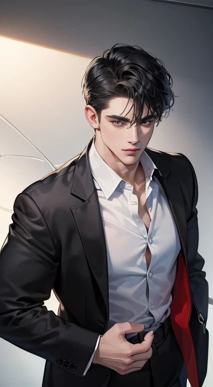 (best quality, masterpiece, 8K, photorealistic, cinematic lighting, 1:4 hdr image, top view, ultra detailed, beautiful image), a mature man, very handsome, short black hair, black eyes, perfect face without errors , ((buttoning his jacket, CEO))