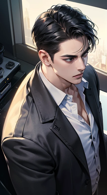 (best quality, masterpiece, 8K, photorealistic, cinematic lighting, 1:4 hdr image, top view, ultra detailed, beautiful image), a mature man, very handsome, short black hair, black eyes, perfect face without errors , ((buttoning his jacket, CEO))