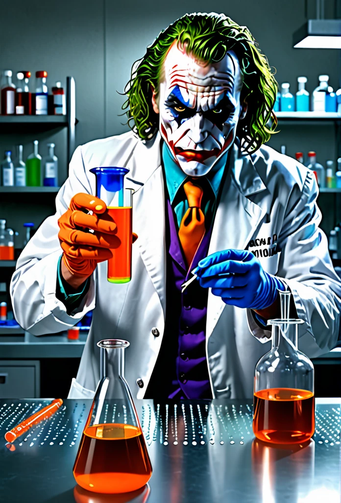 The Joker, serious and determined face expression, donning white laboratory coat, try to mix two fluids on a crystal clear reaction tube glass, one on his right hand is a bright orange viscous fluid, one on his left hand is a blue liquids, a neat tidy andd well organized chemical laboratory, insanely detailed, high resolution, high definition, 8k, ultra sharp and crisp, realistic style, Don Lawrence style, octane render