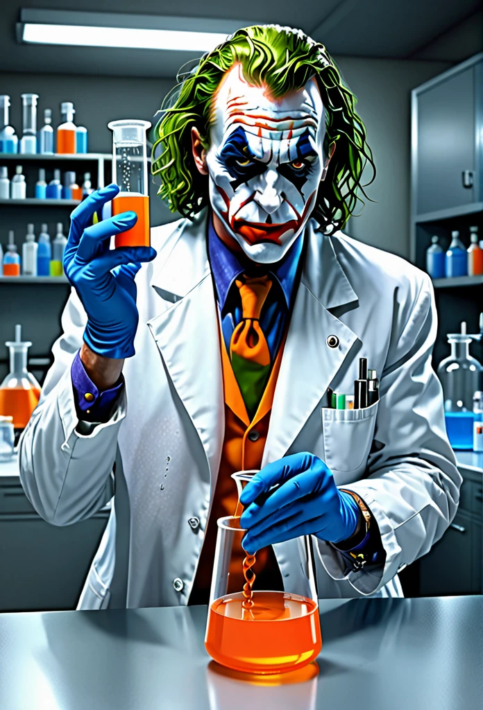 The Joker, serious and determined face expression, donning white laboratory coat, try to mix two fluids on a crystal clear reaction tube glass, one on his right hand is a bright orange viscous fluid, one on his left hand is a blue liquids, a neat tidy andd well organized chemical laboratory, insanely detailed, high resolution, high definition, 8k, ultra sharp and crisp, realistic style, Don Lawrence style, octane render