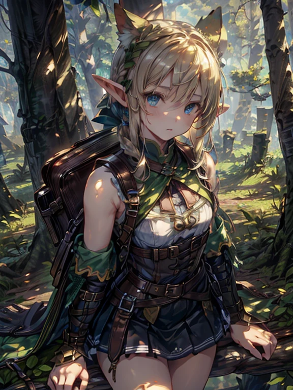 masterpiece, highest quality, Very detailed, 16k, Ultra-high resolution、1 14 year old elf girl, Detailed face、Perfect Fingers, Elf Ears, Small breasts, blue eyes, Blonde, Braid, Sleeveless, Tight Skirt, Light clothing, Carrying a bow on your back, in the forest, Sitting on the branch of a big tree