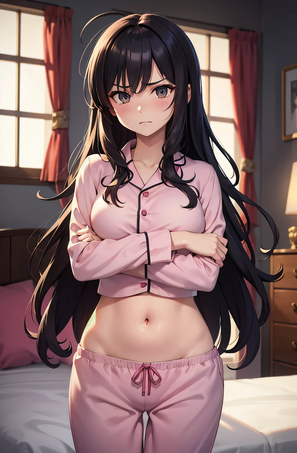 super fine illustration, vibrant colors, masterpiece, sharp focus, best quality, depth of field, cinematic lighting, ultra detailed, sleeves, crop top, pajamas, button-up, pajama pants, drawstring, belly button, wide hips, 1 woman, home, solo, very messy hair, dark color hair, long hair, curly hair, blush, angry, room, indoors, mature female, tall woman, medium breasts, hip pose, crossed arms