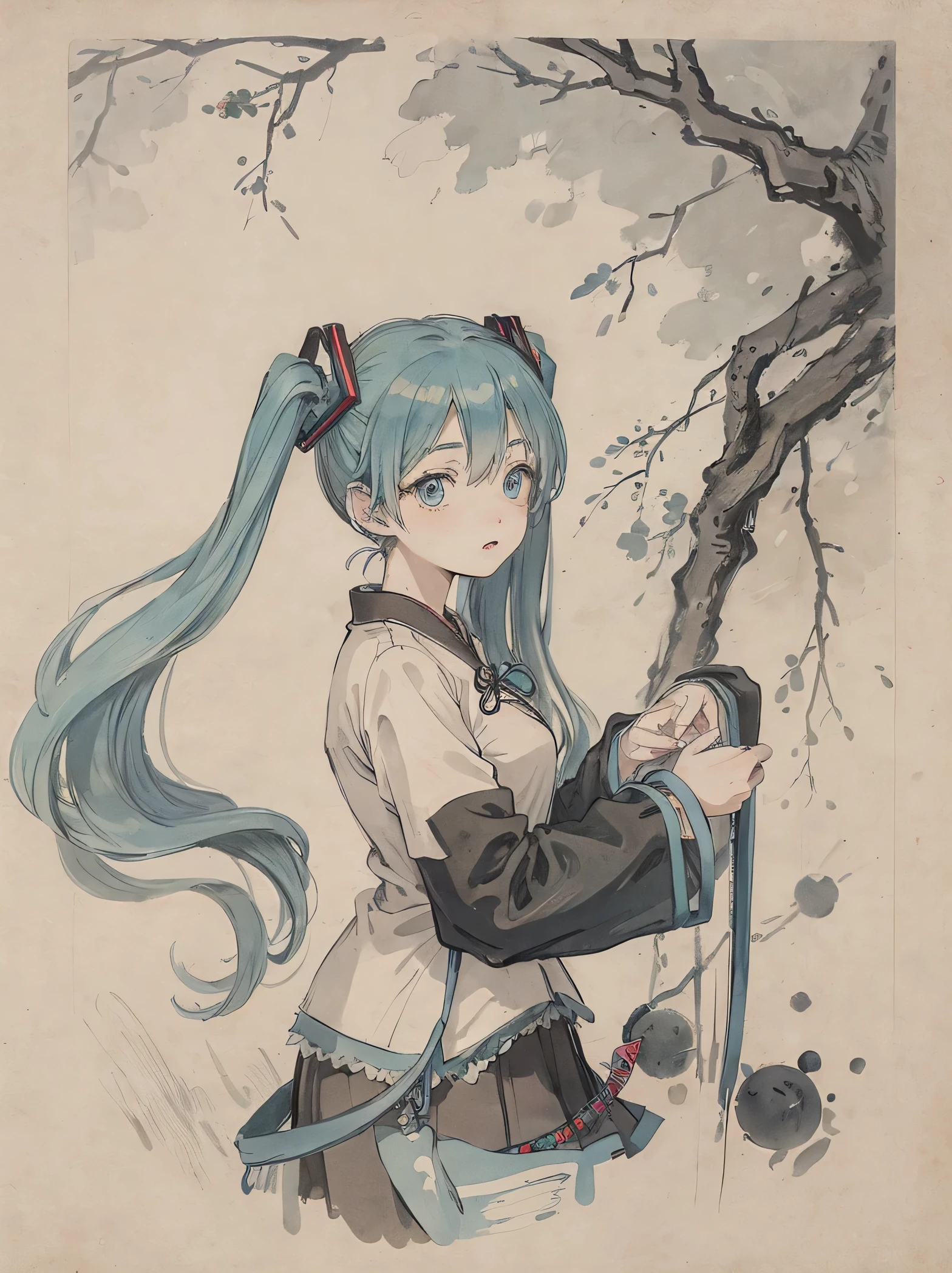 (Masterpiece, best quality: 1.2), traditional Chinese ink painting, blue hair, blue eyes, Hatsune Miku,
