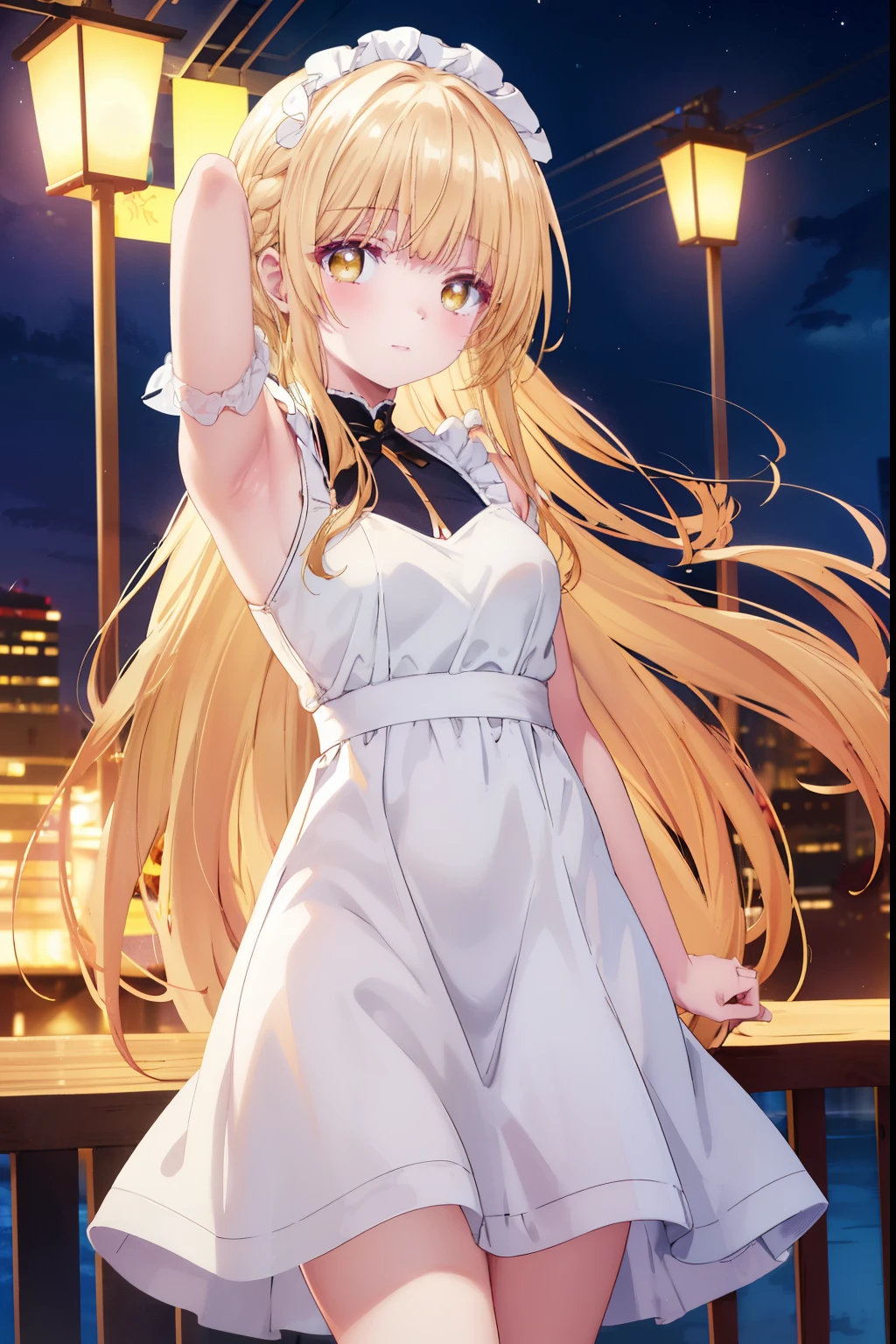 Mahiru shiina, , blonde, (Yellow Eyes:1.3)、Braided long hair,,blush,smile,night、Captivating thighs、Beautiful bare legs, Sideways armpit、Shoulder Bare、The clavicle is visible、Armpit Show、Armpits are visible、Shoulder Bare、Sexy maid outfit
（masterpiece:1.2), highest quality, High resolution, unity 8k wallpaper, (shape:0.8), (Beautiful and beautiful eyes:1.6), Highly detailed face, Perfect lighting, Highly detailed CG, (Perfect hands, Perfect Anatomy),