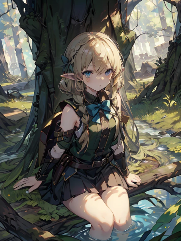 masterpiece, highest quality, Very detailed, 16k, Ultra-high resolution、1  elf girl, Detailed face、Perfect Fingers, Elf Ears, Small breasts, blue eyes, Blonde, Braid, Sleeveless, Tight Skirt, Light clothing, Carrying a bow on your back, in the forest, Sitting on the branch of a big tree