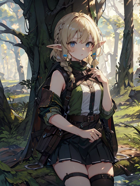 masterpiece, highest quality, Very detailed, 16k, Ultra-high resolution、1  elf girl, Detailed face、Perfect Fingers, Elf Ears, Small breasts, blue eyes, Blonde, Braid, Sleeveless, Tight Skirt, Light clothing, Carrying a bow on your back, in the forest, Sitting on the branch of a big tree