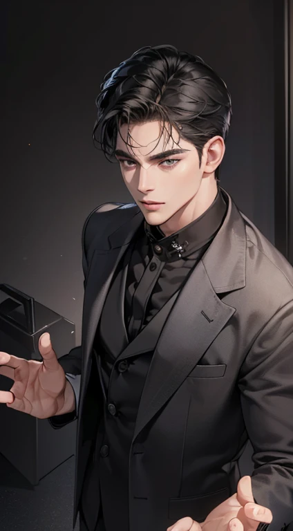 (best quality, masterpiece, 8K, photorealistic, cinematic lighting, 1:4 hdr image, top view, ultra detailed, beautiful image), a mature man, very handsome, short black hair, black eyes, perfect face without errors , ((buttoning his jacket, CEO))