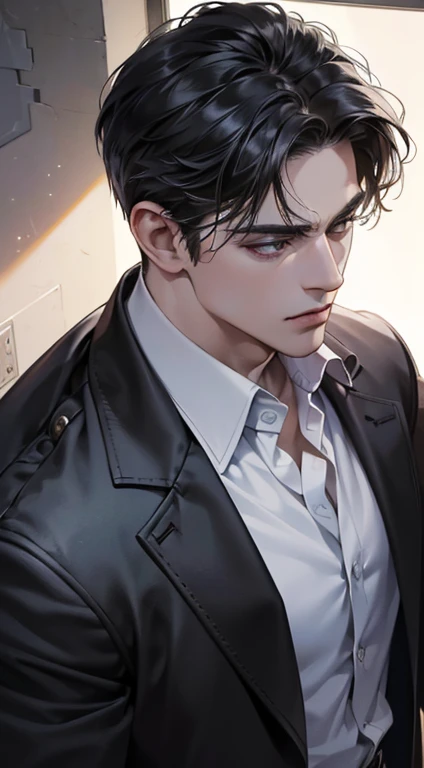(best quality, masterpiece, 8K, photorealistic, cinematic lighting, 1:4 hdr image, top view, ultra detailed, beautiful image), a mature man, very handsome, short black hair, black eyes, perfect face without errors , ((buttoning his jacket, CEO))