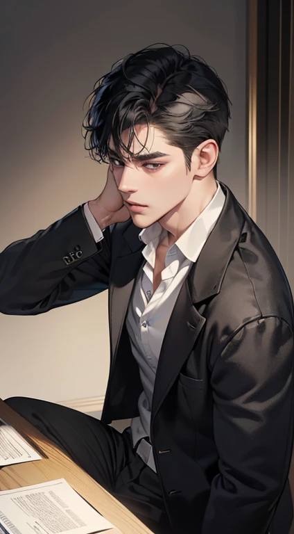 (best quality, masterpiece, 8K, photorealistic, cinematic lighting, 1:4 hdr image, top view, ultra detailed, beautiful image), a mature man, very handsome, short black hair, black eyes, perfect face without errors , ((buttoning his jacket, CEO))