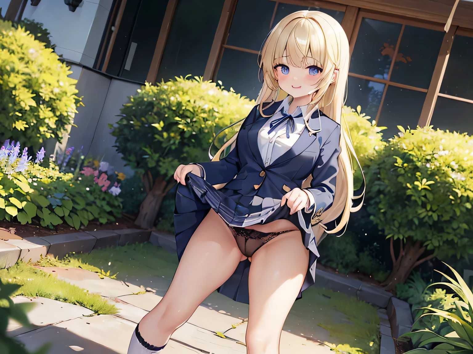 (masterpiece、highest quality、High resolution、Realistic photo、Real looking skin:1.1)、
(There is one woman:1.5)、
(She lifted her skirt and took off her panties.々I am showing it to:1.8)、
(standing:1.5)、
(Please use a zoomed-in image as much as possible.:1,8)、
(Provocative, grinning expression:1.5),
(She is wearing her high , a navy blue blazer, a white collared shirt, and a grey miniskirt.:1.5)、
(On her feet, she wears loose socks and black loafers.:1.5)、
(The panties are made of black lace with a pattern.:1.5)、
(Blonde Long Hair:1.5)、
(The location is a high school garden in early autumn.:1.5)、
1 Japanese Girl、solo、Full Body Esbian、Beautiful Eyes、Shining Eyes、Shining thighs、NSFW