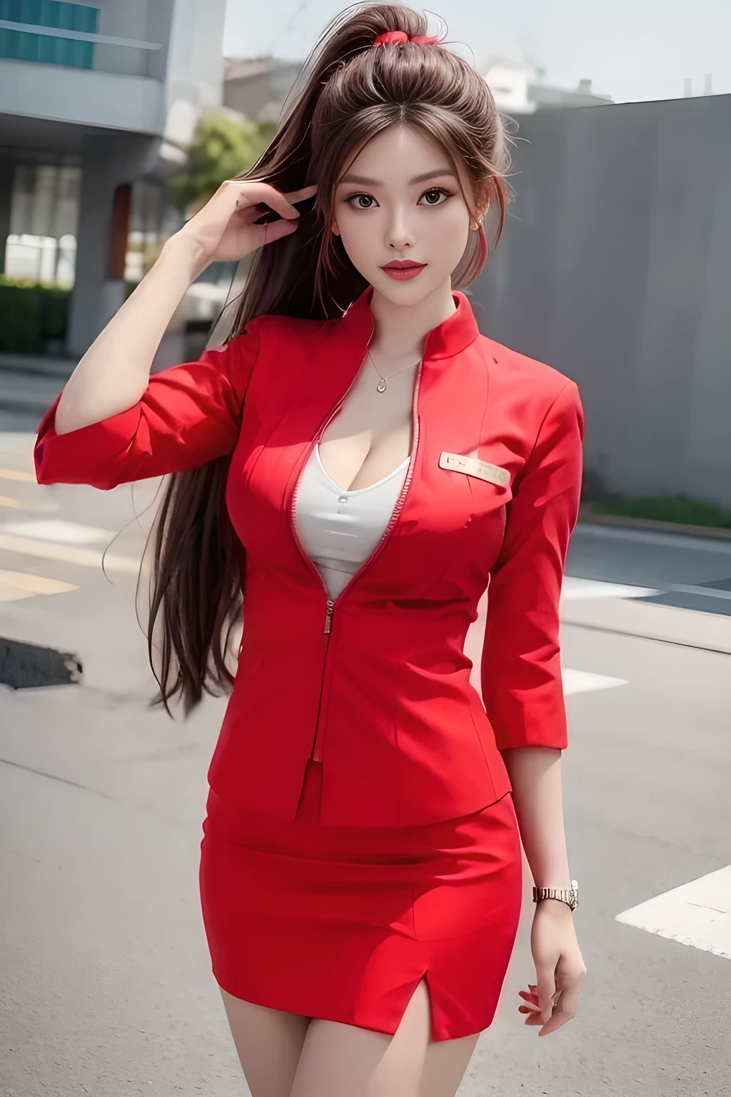 AirAsia red jacket uniform、Long hair down to the legs、Dark brown hair、Hair tied up、Tie your hair back in a ponytail、ponytail、Red rubber band、Luxury earrings、Captivating look、Blue Eyes、Young Asian Woman、