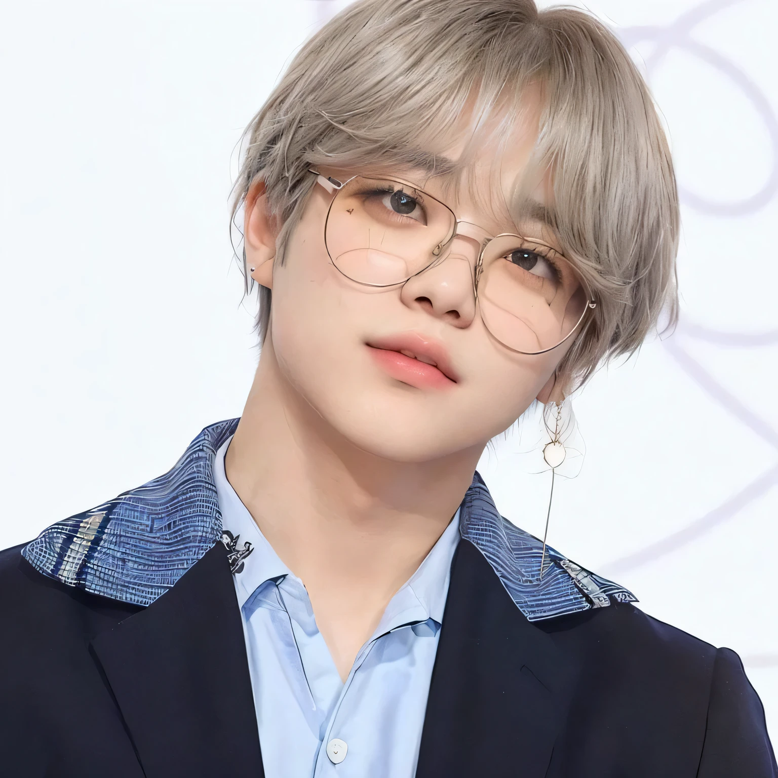 arafed image of a girl with glasses and a blue shirt, Jimin, Jimin\the right eyelid is swollen, taken at the beginning of 2020, Taehyung park Jimin,gt, Jimin\the full lips, bts, hyung tae, with glasses, kpop idol portrait, accurate Jimin face, ulzzang girl, cute girl, Korean girl cute girl