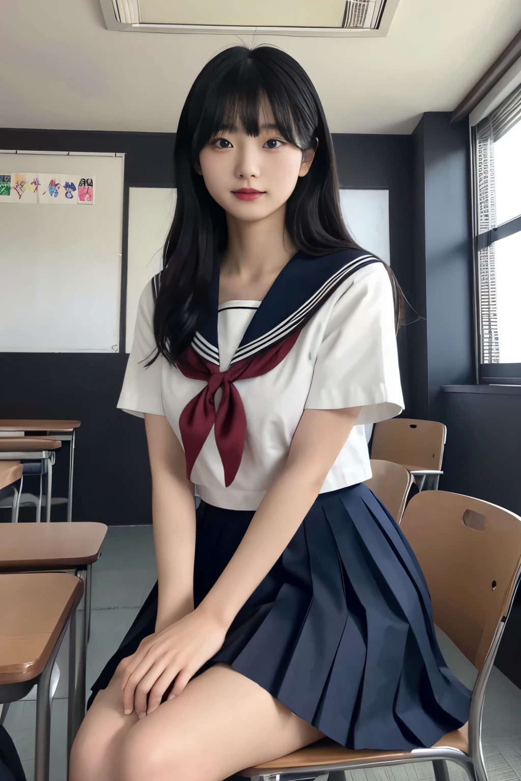 Masterpiece、highest quality、Woman 1、Super detailed、View looking up from directly below　Black Hair　Japanese school girl uniform、Sailor suit、Pleated skirt、Long skirt　Muscular belly、Firmly shaped breasts、under boob、Underboob　Classroom ceiling