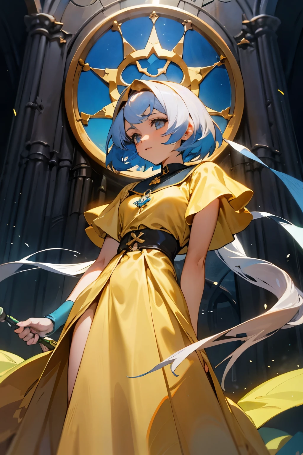 Personagem feminino de anime, cabelos lisos de cor dourado e roupa estilo medieval com cores predominantes verdes e olhos verdes