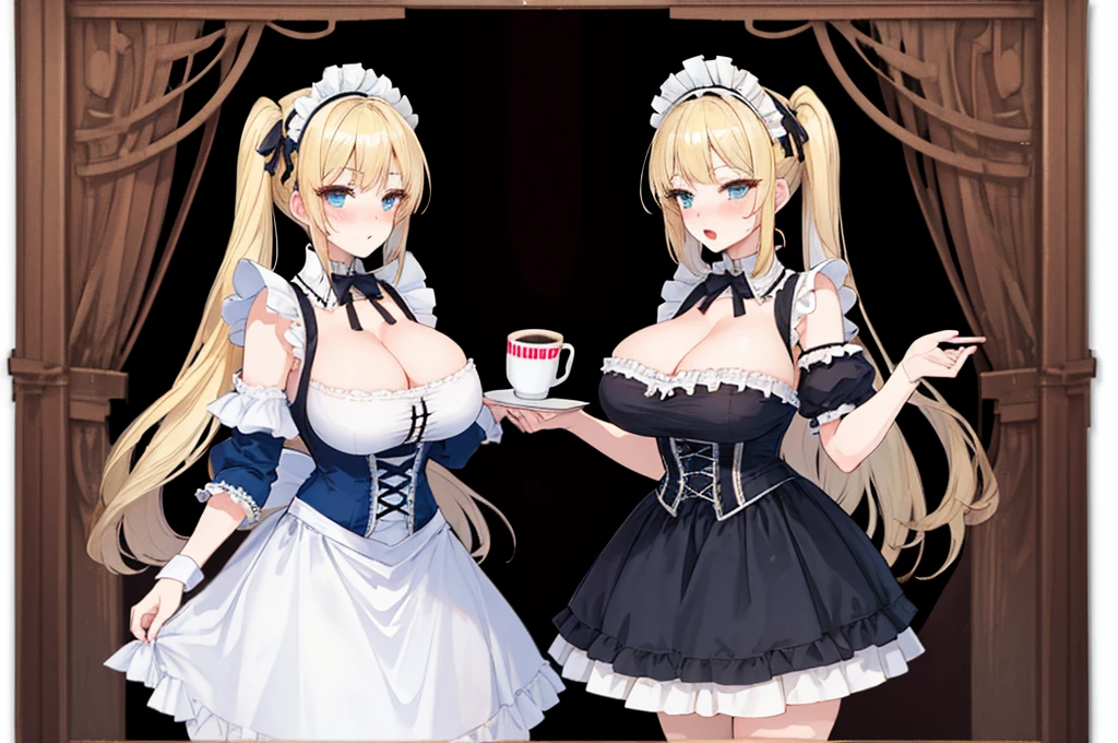 A woman with big ,Gorgeous woman,Mature,ahegao,Long blond hair,twintails,Exquisite,(((transparent))),sky blue,Off-shoulder,Cleavage,Leakage,Slim waist,pubic,blush,ta,Victorian style,Maid coffee shop,
