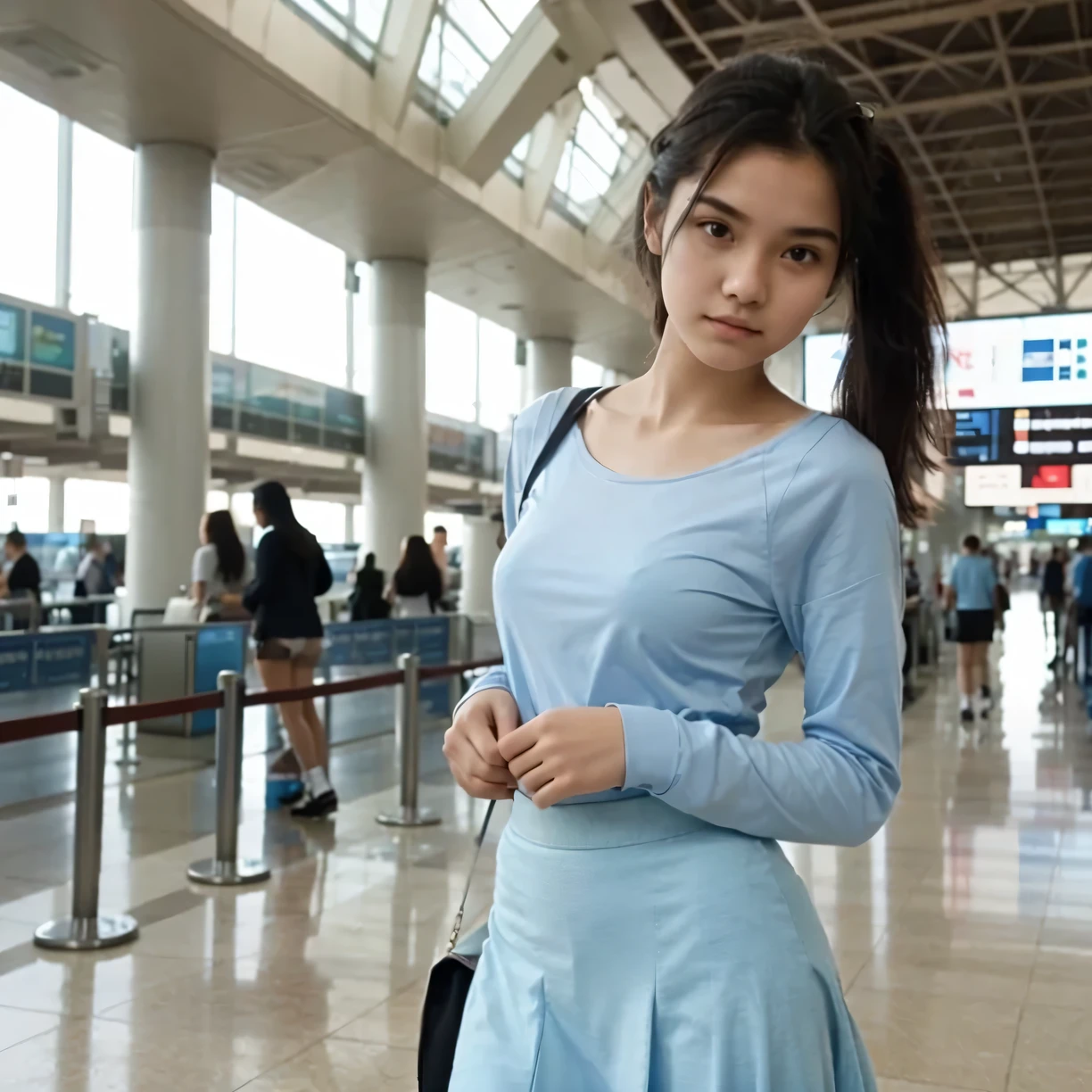 short skinny girl, tucked sport shirt, light blue long skirt, long sleeves, black hair, in an airport