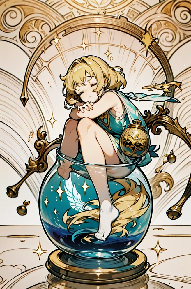 magic glass jar with a magical homunculus wrapped in an unconscious magical liquid liquid, female homunculus in fetal position without clothes but covering herself with her arms and legs, hugging her legs, floating in the magical liquid. short golden hair, closed eyes, deep sleep, magical aura, fairy tales, perfect creation of an alchemist, masterpiece, 4k, full hd