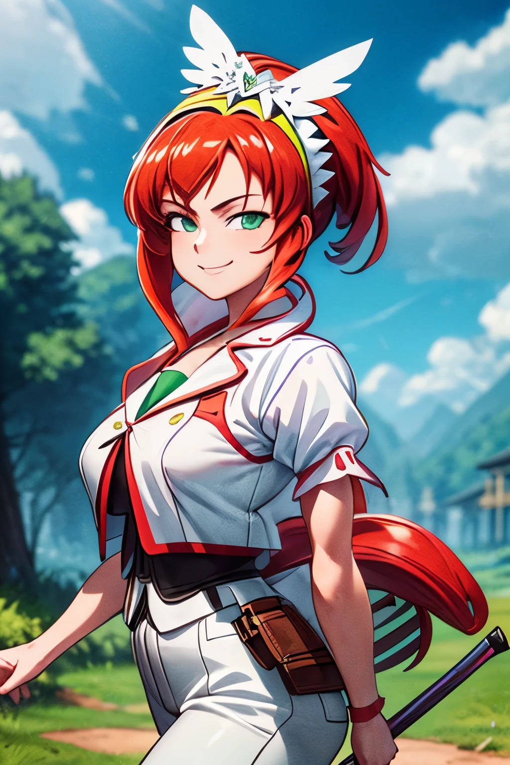 masterpiece, best quality, green vest, white shirt, black pants, cowboy shot, large breasts, looking at viewer, holding kunai, holding, staff, smile, forest, sky, clouds dynamic pose, smug smile, smug look, red hair, green eyes, nornal hands, normal eyes, defined curves, self-assured, Konoha leaf headband on left arm, 