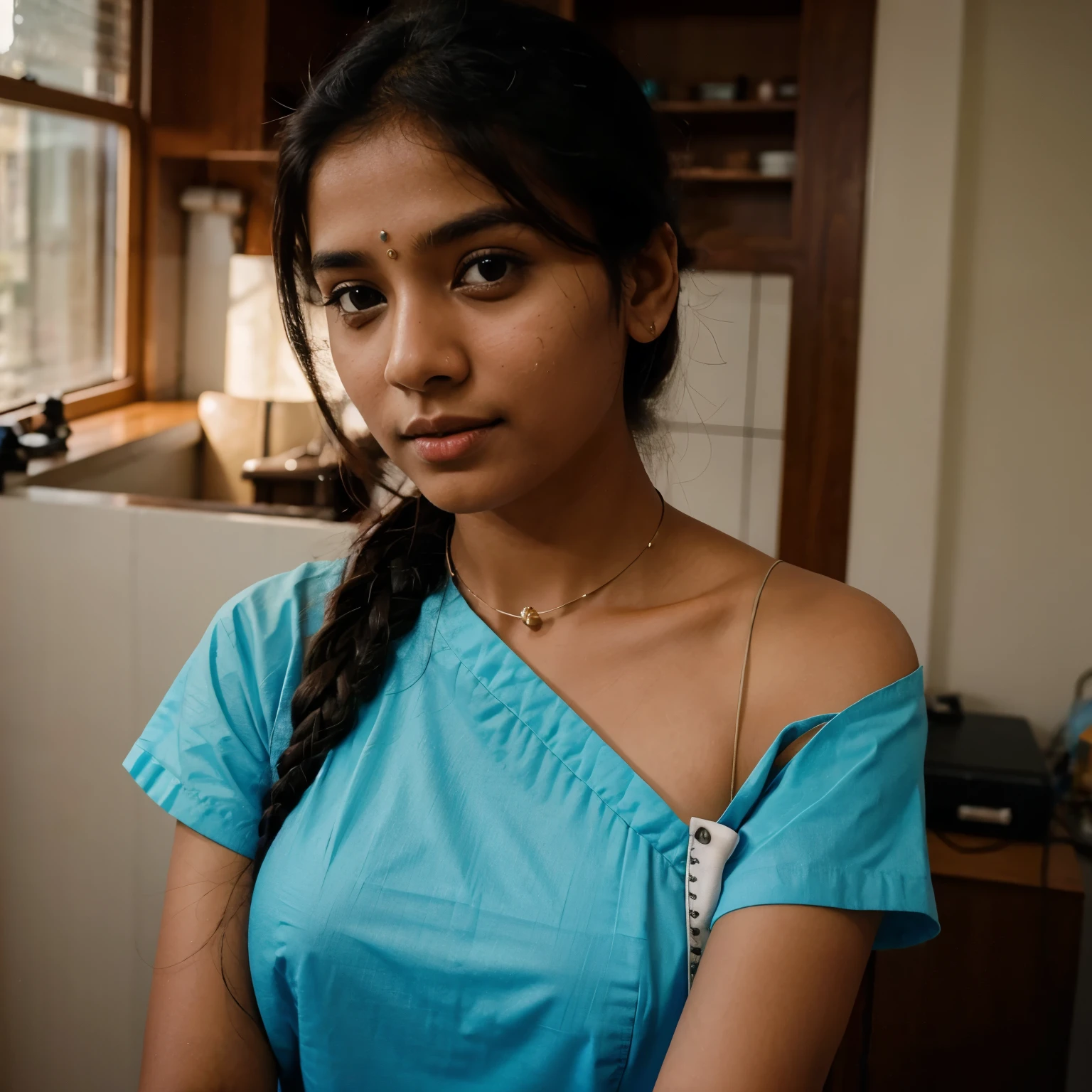 Indian girl wearing nursing dress Seth's scope around the neck taking selfie