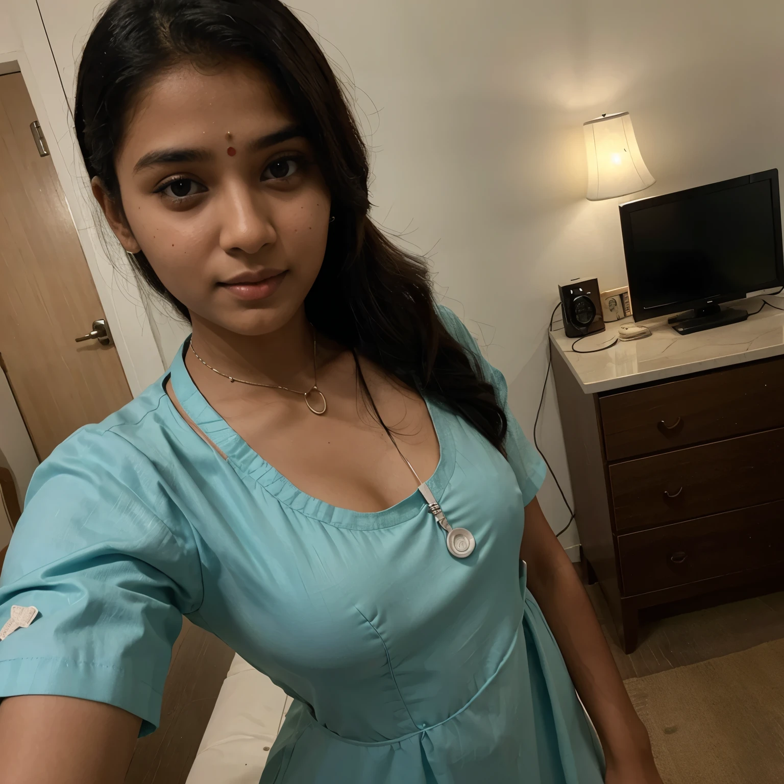 Indian girl wearing nursing dress Seth's scope around the neck taking selfie