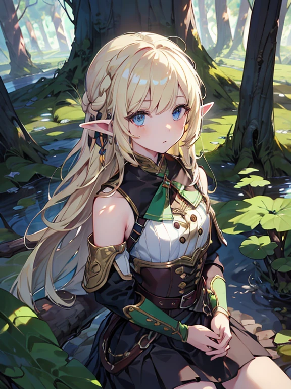 masterpiece, highest quality, Very detailed, 16k, Ultra-high resolution、1 14 year old elf girl, Detailed face、Perfect Fingers, Elf Ears, Small breasts, blue eyes, Blonde, Braid, Sleeveless, Tight Skirt, Light clothing, Carrying a bow on your back, in the forest, Sitting on the branch of a big tree