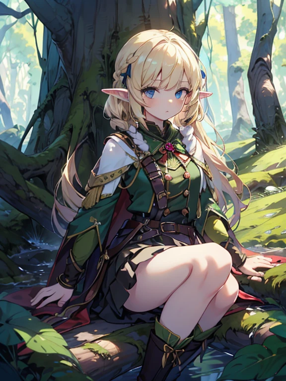 masterpiece, highest quality, Very detailed, 16k, Ultra-high resolution、1 14 year old elf girl, Detailed face、Perfect Fingers, Elf Ears, Small breasts, blue eyes, Blonde, Braid, Sleeveless, Tight Skirt, Light clothing, Carrying a bow on your back, in the forest, Sitting on the branch of a big tree