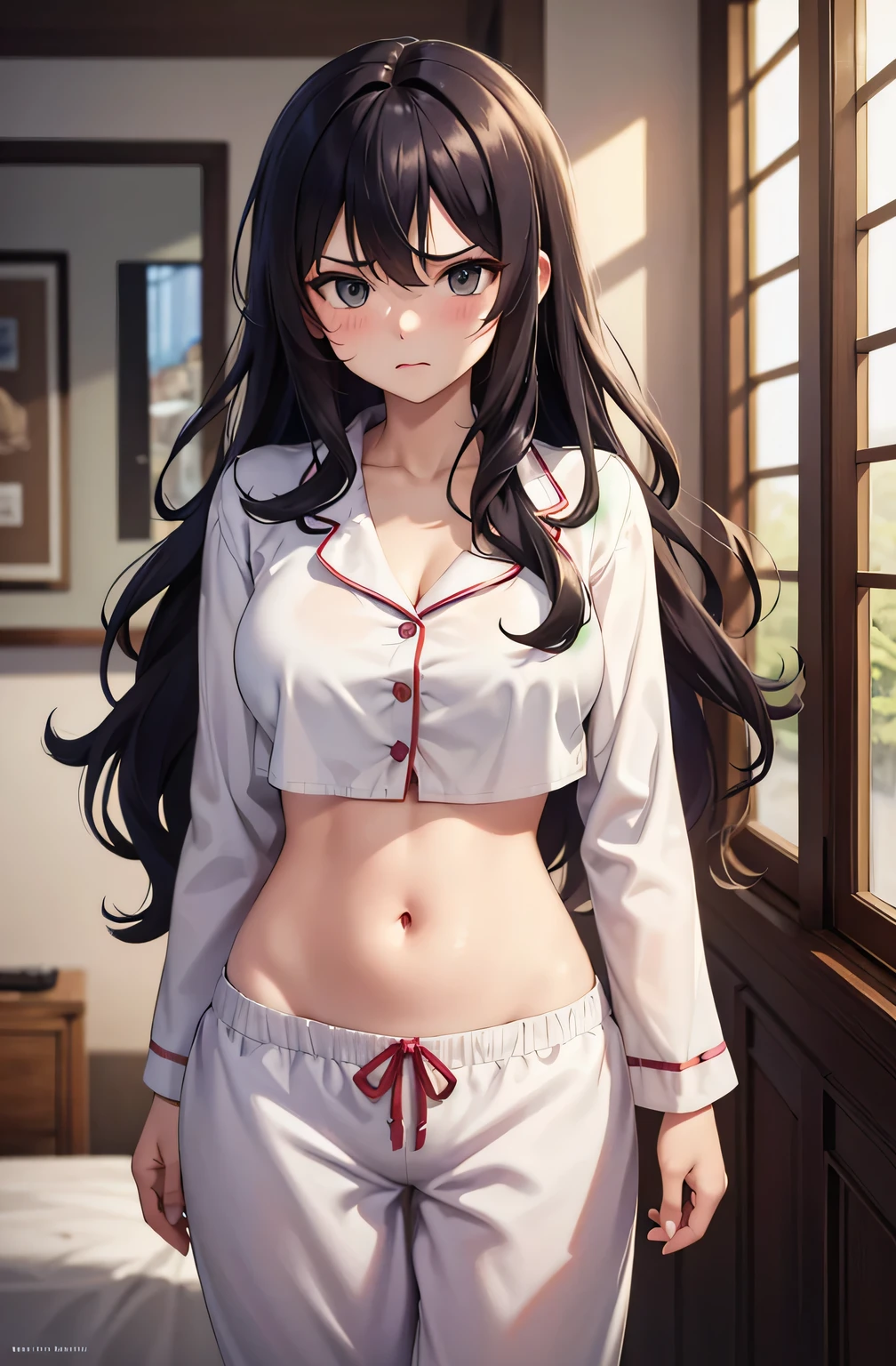 super fine illustration, vibrant colors, masterpiece, sharp focus, best quality, depth of field, cinematic lighting, ultra detailed, sleeves, crop top, pajamas, button-up, pajama pants, drawstring, belly button, wide hips, 1 woman, home, solo, very messy hair, dark color hair, long hair, curly hair, blush, angry, room, indoors, mature female, tall woman, medium breasts,