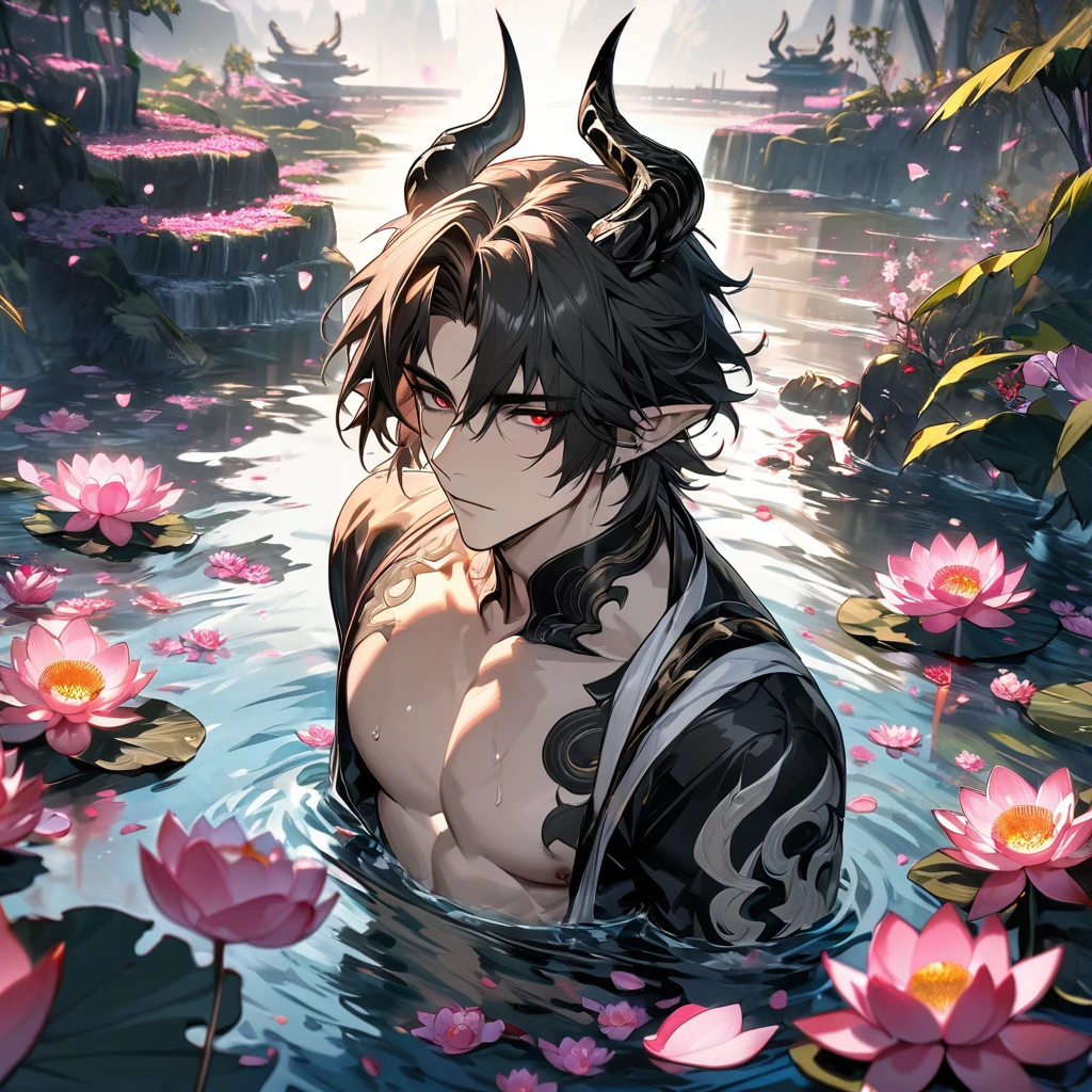 absurd resolution, high resolution, ultra detailed, HDR, master piece, best quality, extremely detailed face and eyes, beautiful vibrant eyes, Chong Yue, expressive red eyes, black hair with white streaks, short hair, black horns, pointed ears, Arknights, solo, sexy man, toned chest, handsome, water, pink butterflies, pink lotus, petals, black and white clothes
