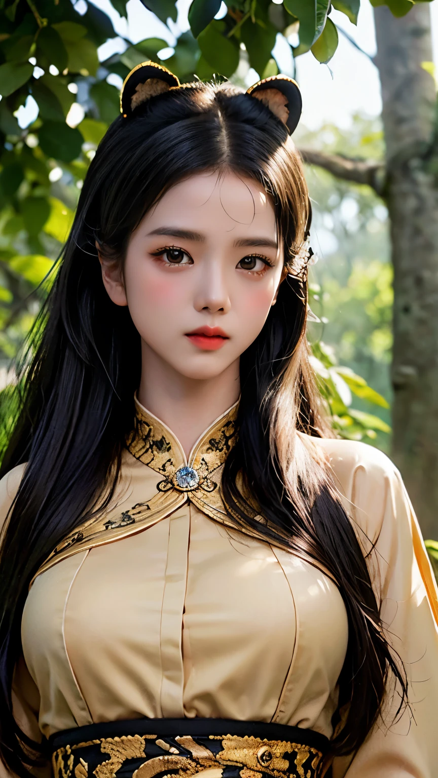 (best quality,4k,8k,highres,masterpiece:1.2),ultra-detailed,(realistic,photorealistic,photo-realistic:1.37),portraits
kim jisoo as tiger demon, beauty,illustration,detailed eyes and face,tiger pattern,striking features,demonic aura,golden eyes,sharp claws,fierce expression,fiery mane,majestic presence,long flowing hair,graceful pose,forest background,vibrant colors,ethereal lighting