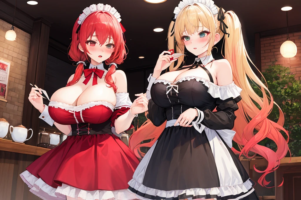 A woman with big ，Gorgeous woman，Mature，ahegao，Long blond hair，twintails，Exquisite，(((transparent)))，Red hair band，Off-shoulder，Cleavage，Leakage，Slim waist，pubic，blush，Lolita，Maid coffee shop，