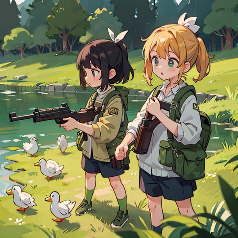 Girls trying to hunt ducks with guns