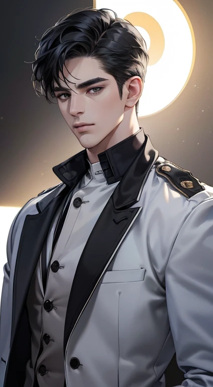 (best quality, masterpiece, 8K, photorealistic, cinematic lighting, 1:4 hdr image, top view, ultra detailed, beautiful image), a mature man, very handsome, short black hair, black eyes, perfect face without errors , ((buttoning his jacket, CEO))
