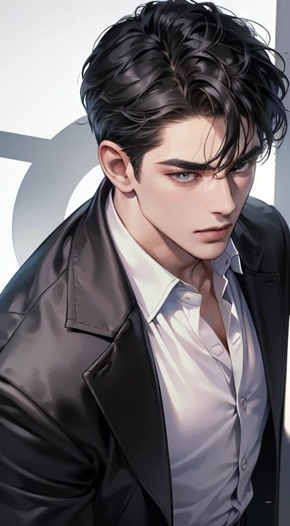 (best quality, masterpiece, 8K, photorealistic, cinematic lighting, 1:4 hdr image, top view, ultra detailed, beautiful image), a mature man, very handsome, short black hair, black eyes, perfect face without errors , ((buttoning his jacket, CEO))