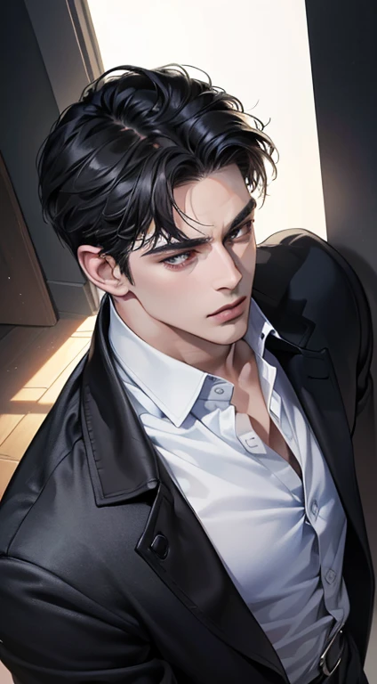 (best quality, masterpiece, 8K, photorealistic, cinematic lighting, 1:4 hdr image, top view, ultra detailed, beautiful image), a mature man, very handsome, short black hair, black eyes, perfect face without errors , ((buttoning his jacket, CEO))