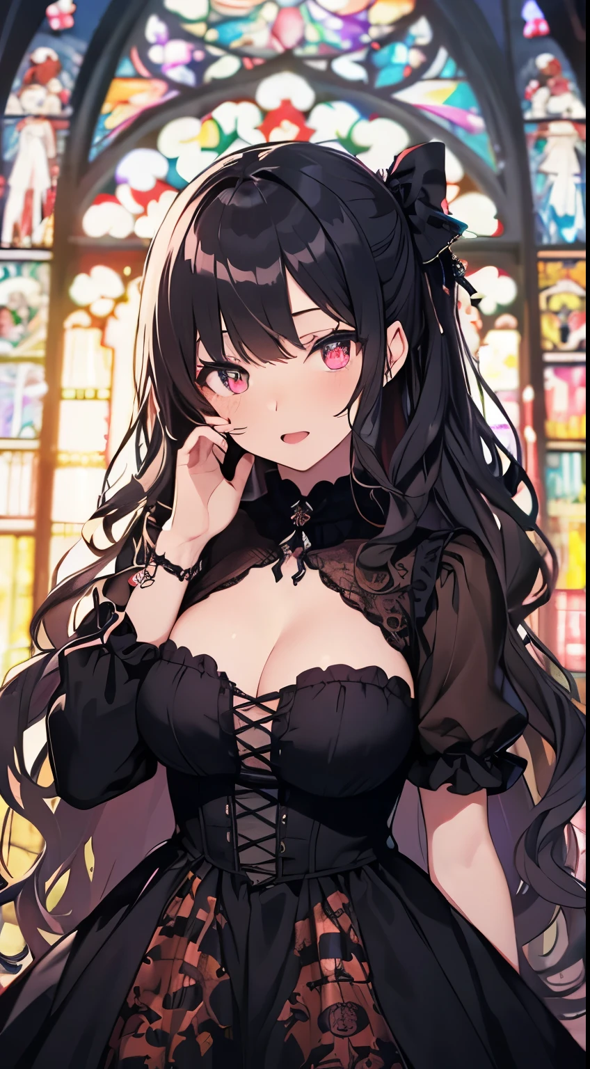 (masterpiece), (highest quality), (Super detailed), beautiful, (Cathedral), (girl1name),, girl, Long Hair, (Wavy Hair:1.5), Shiny Hair, Black Hair, , Crimson beautiful eyes,Girl in a black dress,ribbon,Race,(Gothic print:1.5),Iridescent stained glass,Place your hands in front of your face,Prayer Pose,Hysterical facial expression,Scrunchies on the wrist