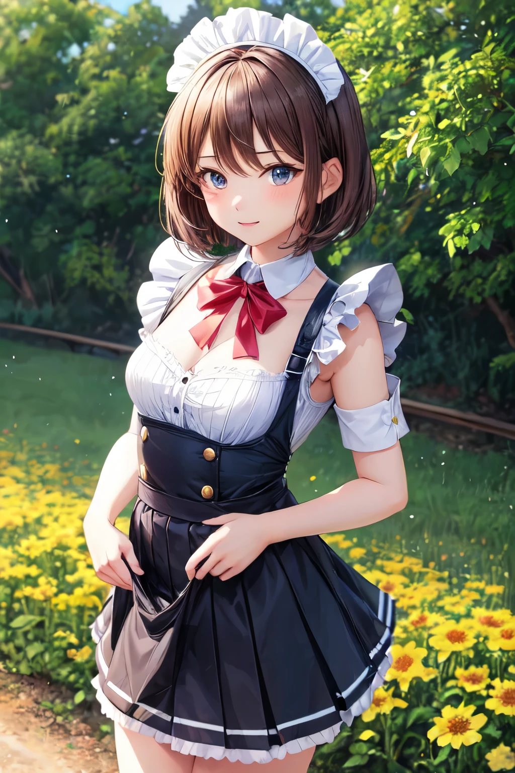 ((highest quality)), ((masterpiece)), (be familiar with), Perfect face maid outfit、Brown short hair、Height 160cm、chest is small、A plump anime girl lifts her skirt to show her underwear in front of a flower field.