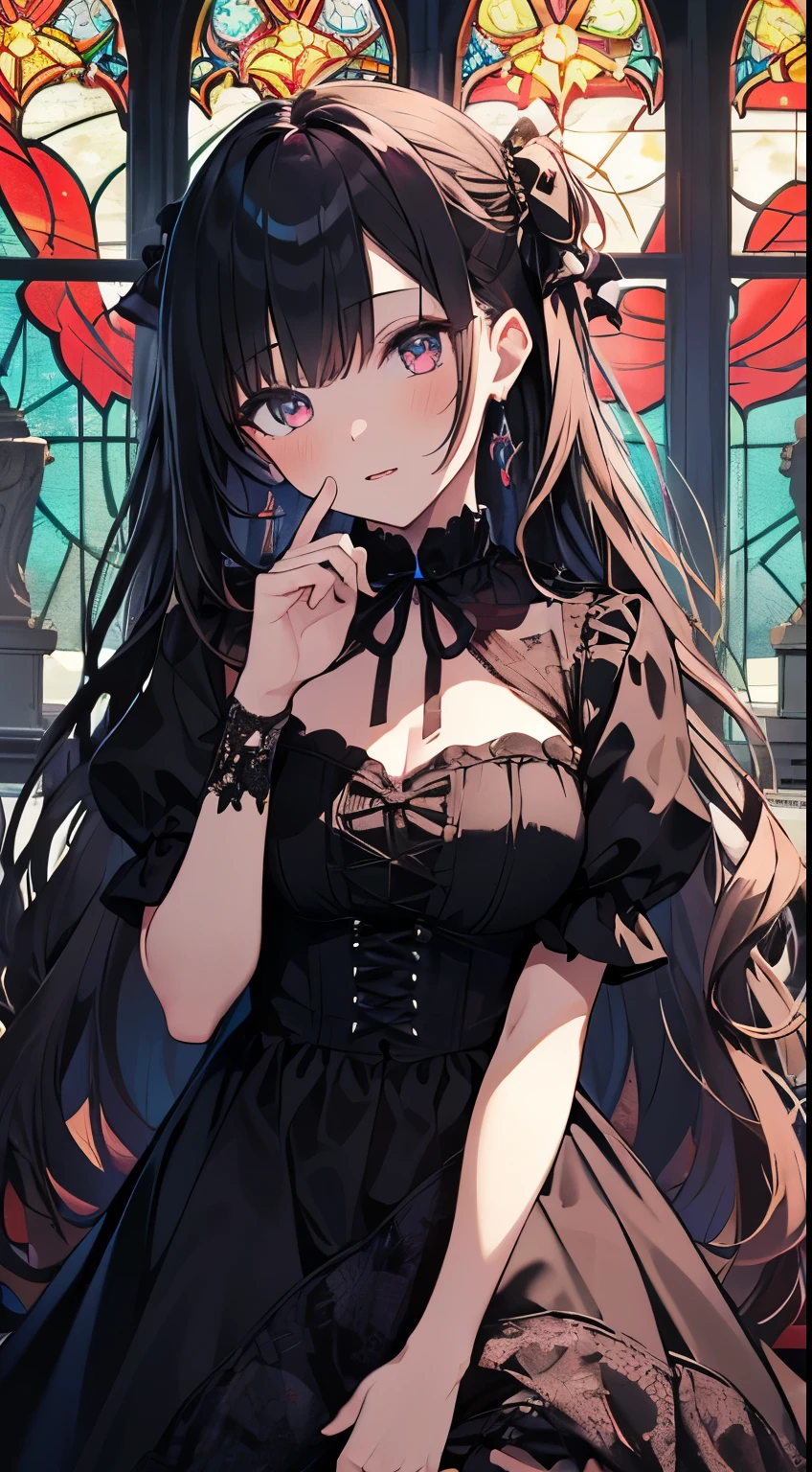 (masterpiece), (highest quality), (Super detailed), beautiful, (Cathedral), (girl１name),, girl, Long Hair, (Wavy Hair:1.5), Shiny Hair, Black Hair, , Crimson beautiful eyes，Girl in a black dress,ribbon,Race,(Gothic print:1.5),Iridescent stained glass，Place your hands in front of your face，Prayer Pose，Hysterical facial expression，Scrunchies on the wrist