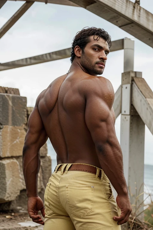 Un hombre negro con la cara se parece a Henry Cavill. Black man, Su cuerpo es musculoso y pectoral definido. paquete de seis. ingle. Cochas, pelo contra el viento. barba dentada.  Big butt, in a moment of reflection. Full body. Fajado, shorts yellow Jeans backside.  bent over 