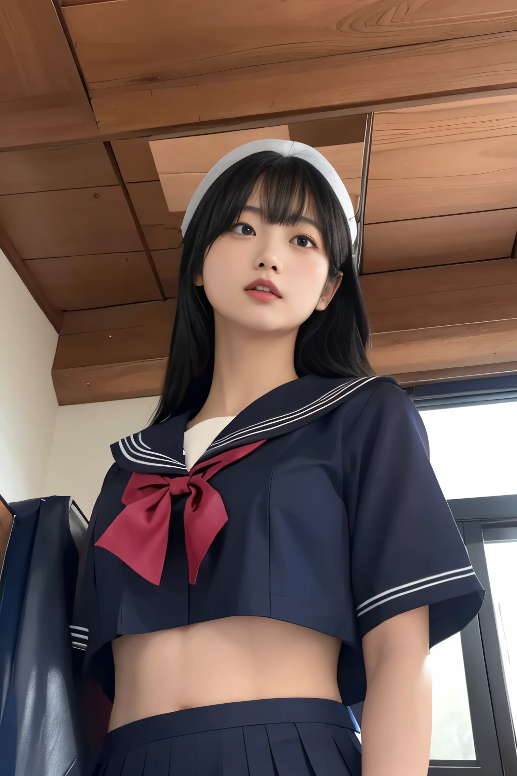 Masterpiece、highest quality、Woman 1、Super detailed、View looking up from directly below　Black Hair　Japanese school girl uniform、Sailor suit、Pleated skirt　Muscular belly、Large Breasts、under boob、Underboob　Sailor suitの中を真下から覗く　Classroom ceiling