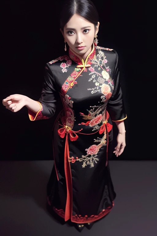(masterpiece, highest quality, highest quality, Official Art, beautifully、aesthetic:1.2), (Girl whole body :1.7, Photograph up to the ankle:1.2, ) (One woman:1.3),(32-year-old beauty:1.7) Very detailed, (Delicate and intricate patterns), Most detailed,(Tangled:1.2), (Model photoshoot pose:1.0), (Traditional Chinese Dress:1.3), (Shiny skin), (Many colors:1.6), ,(Earrings:1.4),BREAK (Glaring at the audience), (Black background color:1.5), BREAK (full body shot from above:1.2), 