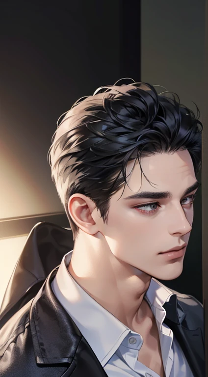 (best quality, masterpiece, 8K, photorealistic, cinematic lighting, 1:4 hdr image, top view, ultra detailed, beautiful image), a mature man, very handsome, short black hair, black eyes, perfect face without errors , ((buttoning his jacket, CEO))