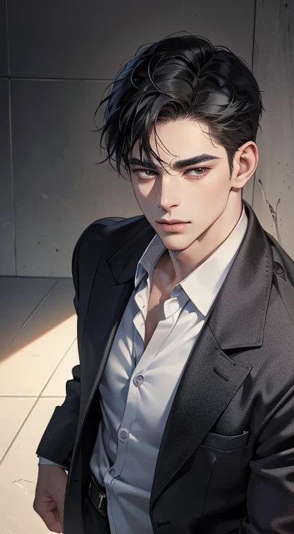 (best quality, masterpiece, 8K, photorealistic, cinematic lighting, 1:4 hdr image, top view, ultra detailed, beautiful image), a mature man, very handsome, short black hair, black eyes, perfect face without errors , ((buttoning his jacket, CEO))