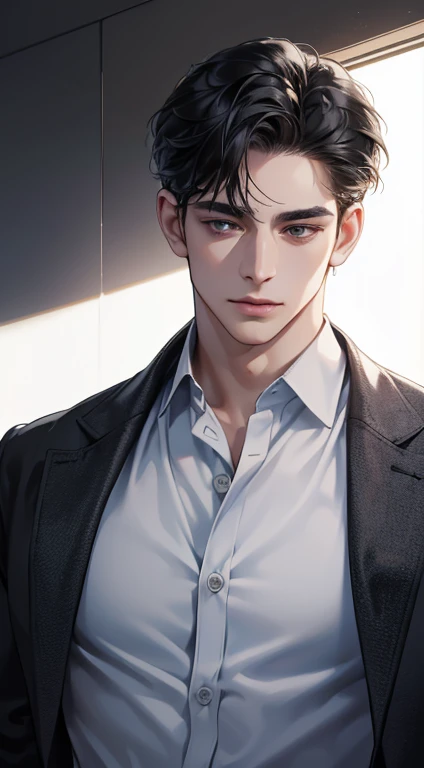 (best quality, masterpiece, 8K, photorealistic, cinematic lighting, 1:4 hdr image, top view, ultra detailed, beautiful image), a mature man, very handsome, short black hair, black eyes, perfect face without errors , ((buttoning his jacket, CEO))