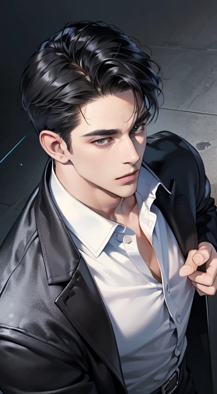 (best quality, masterpiece, 8K, photorealistic, cinematic lighting, 1:4 hdr image, top view, ultra detailed, beautiful image), a mature man, very handsome, short black hair, black eyes, perfect face without errors , ((buttoning his jacket, CEO))