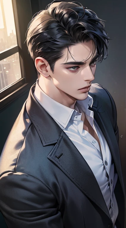 (best quality, masterpiece, 8K, photorealistic, cinematic lighting, 1:4 hdr image, top view, ultra detailed, beautiful image), a mature man, very handsome, short black hair, black eyes, perfect face without errors , ((buttoning his jacket, CEO))