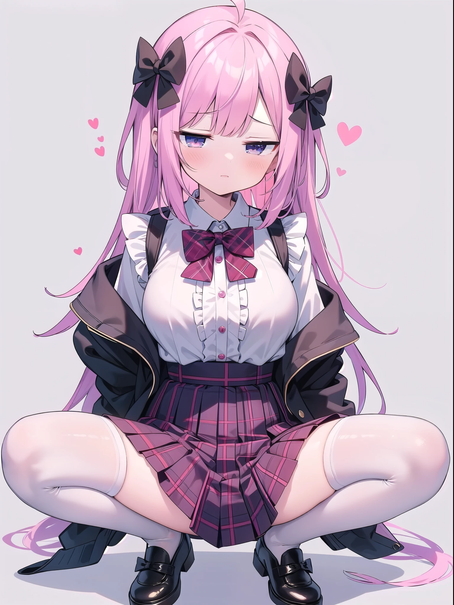 Shoulder-baring, side-boob, side-boob, large breasts,High Resolution 1girl Ahoge Bobby_pin bow bowtie braid brOwn_目s collared_shirt dojikko_stop temporarily_shirt frilled_shirt_Color Free Joint_skirt frills hair_bow hair_ornament hairpin hand_In addition_Own_head, heart, heart_hair_Decorative hood_jacket jacket lIn additiong_Pentagon Pink_hair plaid plaid_Ribbon Check_Pleated skirt_skirt shirt shoelaces shoes simple_background sitting skirt solo star_(symbol) twin_Braided Warisa White_Background white_Knee socks, whole body