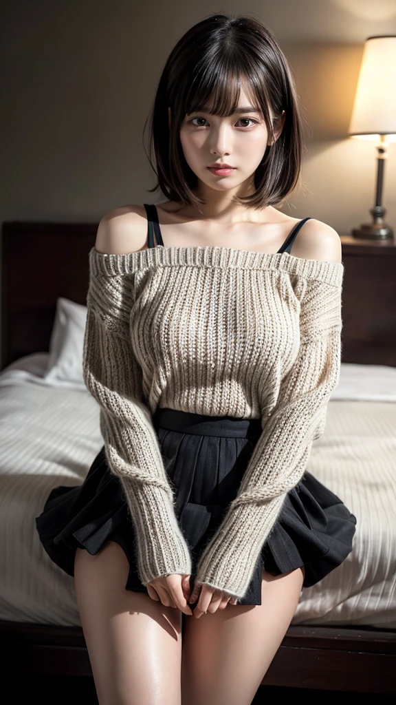 muster piece, best quality, illustration, Super detailed, fine details, High resolution, 8K,wall paper, perfect dynamic composition,(Details High quality, realistic depiction of eyes:1.3), (Thin knitting:1.2) Rib Knit Sweater Dress Drop Shoulder, micro skirt, Long sleeve, short bob hair、black hair color, Big Natural Color Lip, bold sexy pose, crying a little、cold gaze, Harajuku style、acrobatic pose, 20 year old girl、cute type、ta、beautiful legs, hotel room, gravure idol, Voluptuous thighs, huge breasts, Ultra-high definition beauty face、Ultra HD Hair、Ultra HD The Shining Eyes、The Shining, Super high quality beautiful skin、Super high quality glossy lip