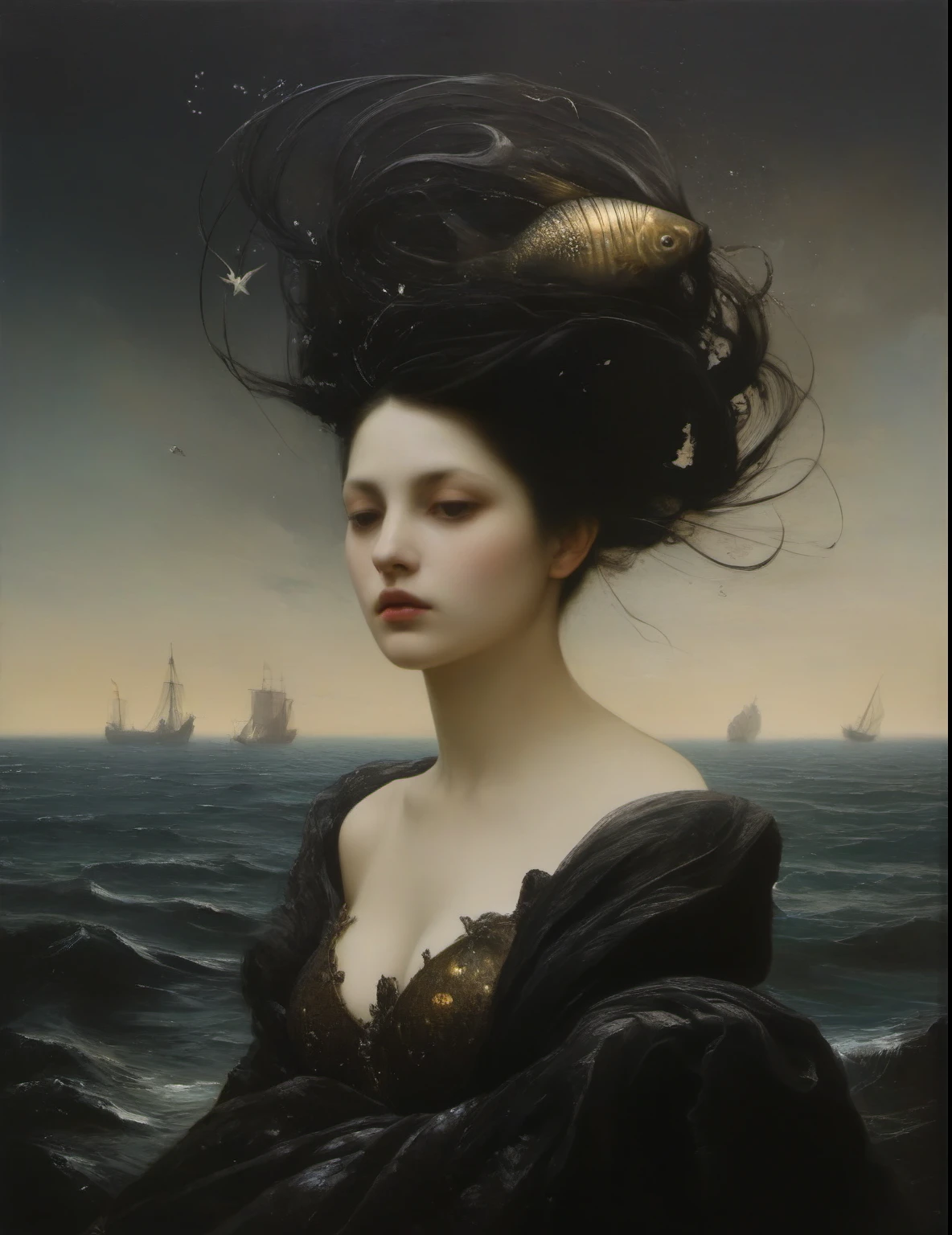 James Gurney, Surrealist art , dream-like, Mysterious, Provocative, symbolic, Complex, detailed,, (Gothic but very beautiful:1.4), (masterpiece, highest quality:1.4) , Nicola Samori Style, mermaid、Goddess of the Sea